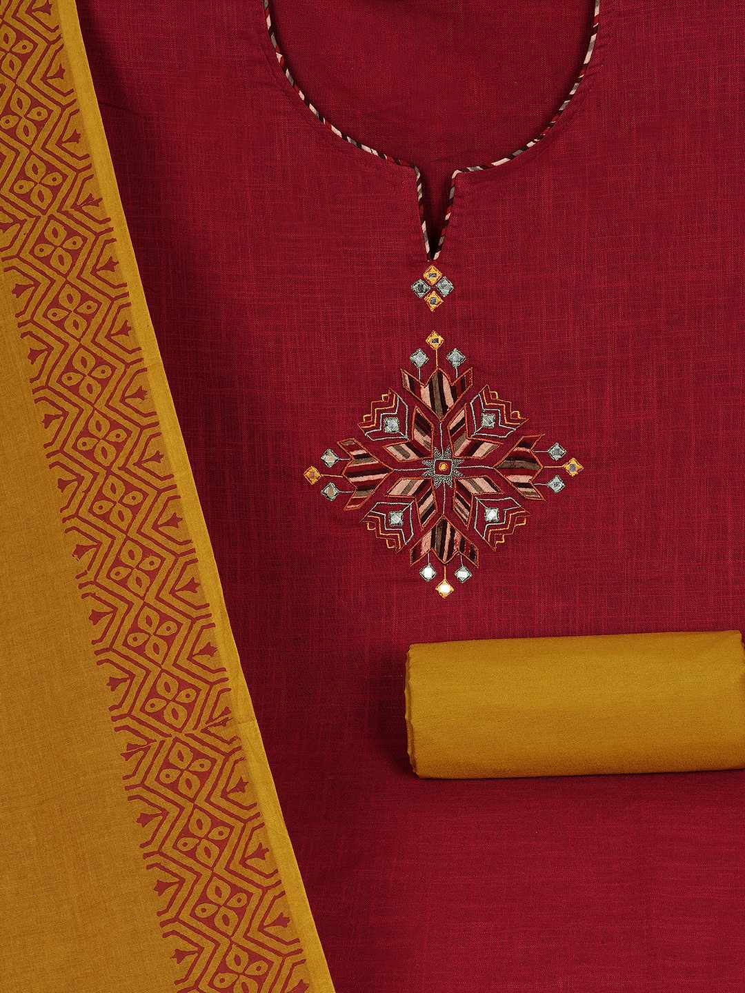 Unstitched Cotton 3-Piece Suit Set with Mirror Work, Printed Dupatta & Plain Bottom.(Maroon)
