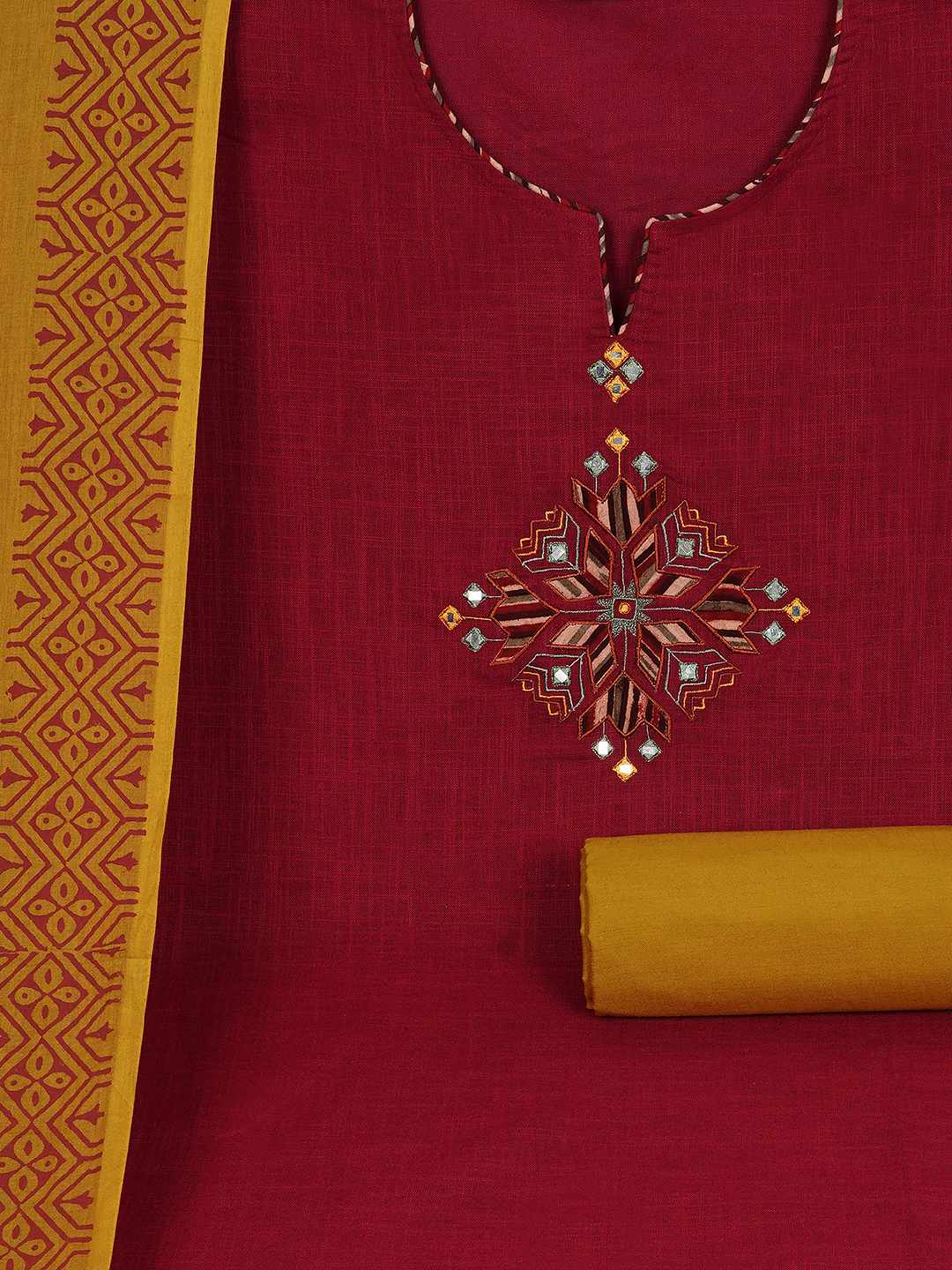 Unstitched Cotton 3-Piece Suit Set with Mirror Work, Printed Dupatta & Plain Bottom.(Maroon)