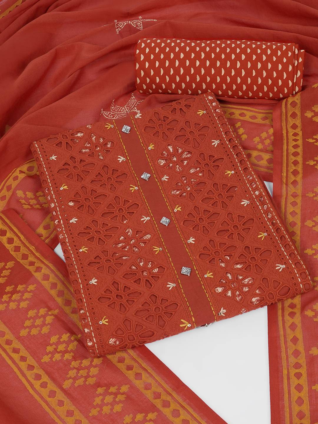 Unstitched Cotton Cutwork Embroidered 3-Piece Suit Set with Printed Bottom and Dupatta.(Orange)