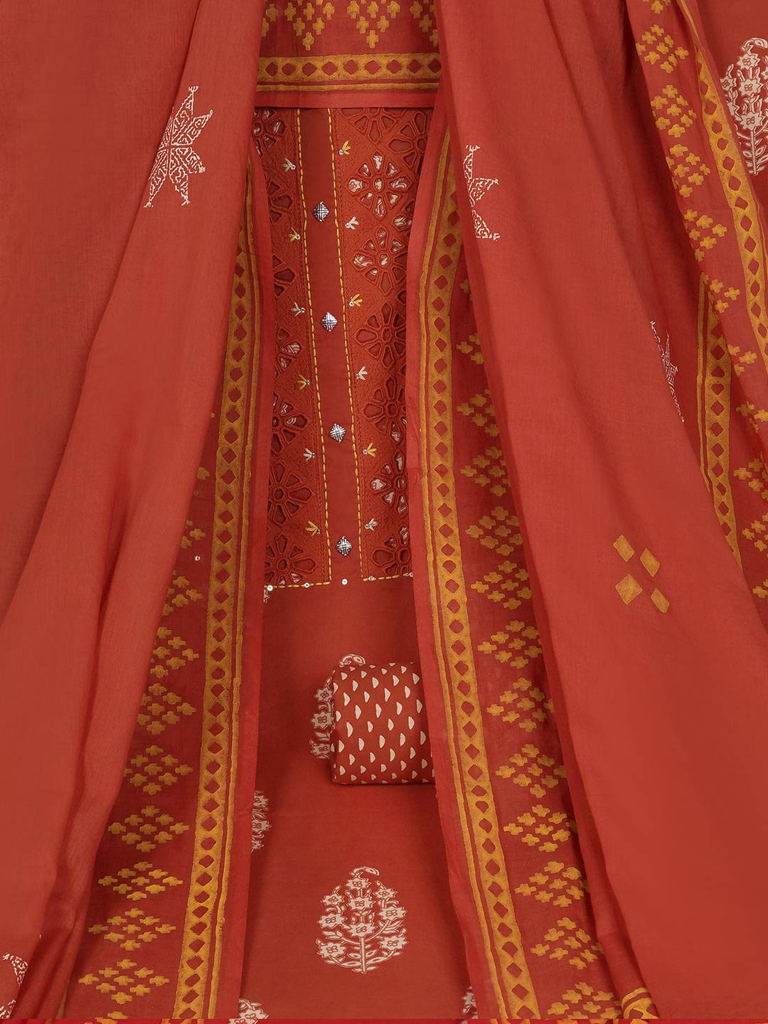 Unstitched Cotton Cutwork Embroidered 3-Piece Suit Set with Printed Bottom and Dupatta.(Orange)