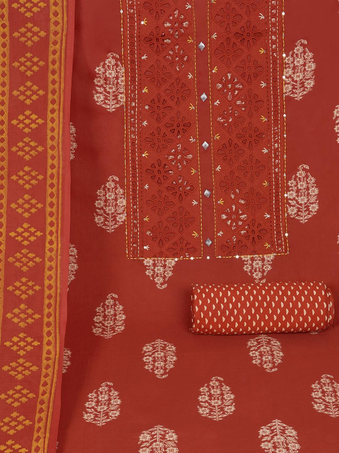 Unstitched Cotton Cutwork Embroidered 3-Piece Suit Set with Printed Bottom and Dupatta.(Orange)
