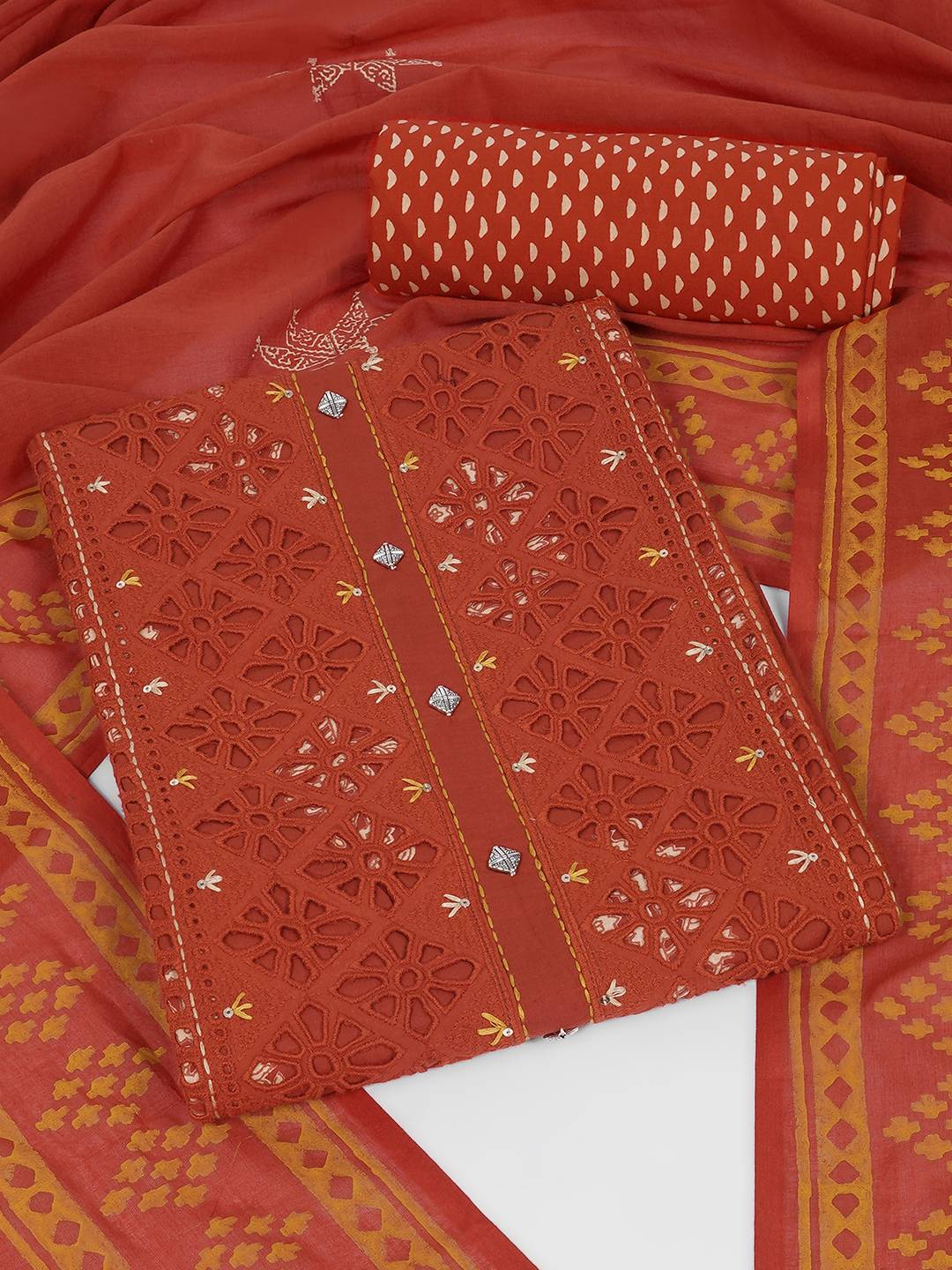 Unstitched Cotton Cutwork Embroidered 3-Piece Suit Set with Printed Bottom and Dupatta.(Orange)