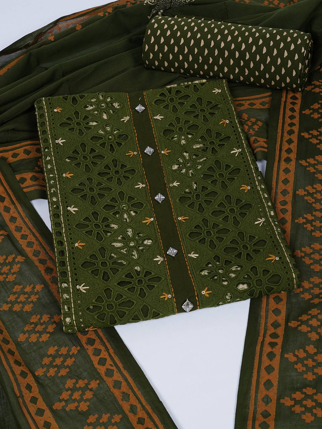 Unstitched Cotton Cutwork Embroidered 3-Piece Suit Set with Printed Bottom and Dupatta.(Green)