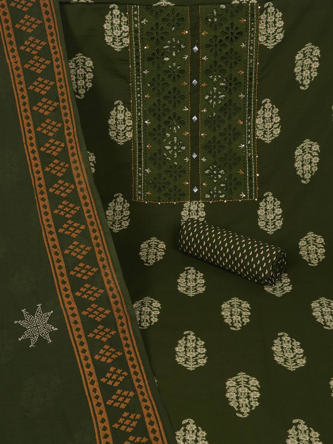 Unstitched Cotton Cutwork Embroidered 3-Piece Suit Set with Printed Bottom and Dupatta.(Green)