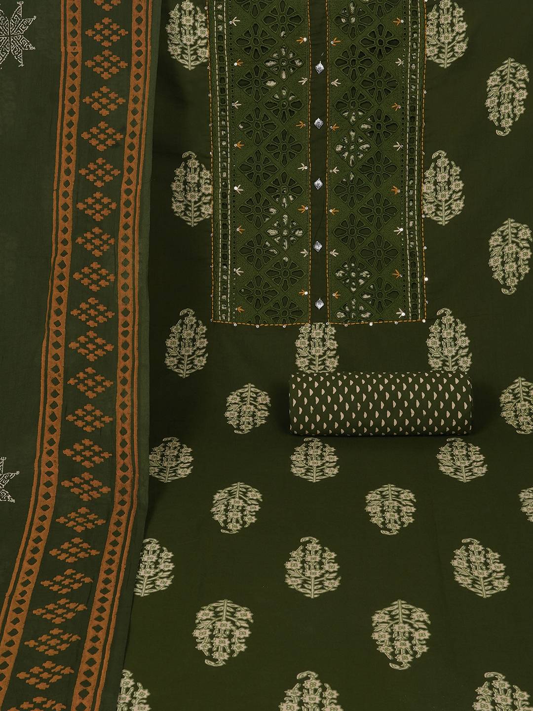 Unstitched Cotton Cutwork Embroidered 3-Piece Suit Set with Printed Bottom and Dupatta.(Green)