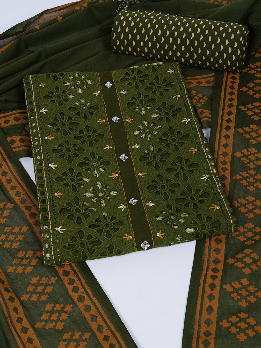 Unstitched Cotton Cutwork Embroidered 3-Piece Suit Set with Printed Bottom and Dupatta.(Green)