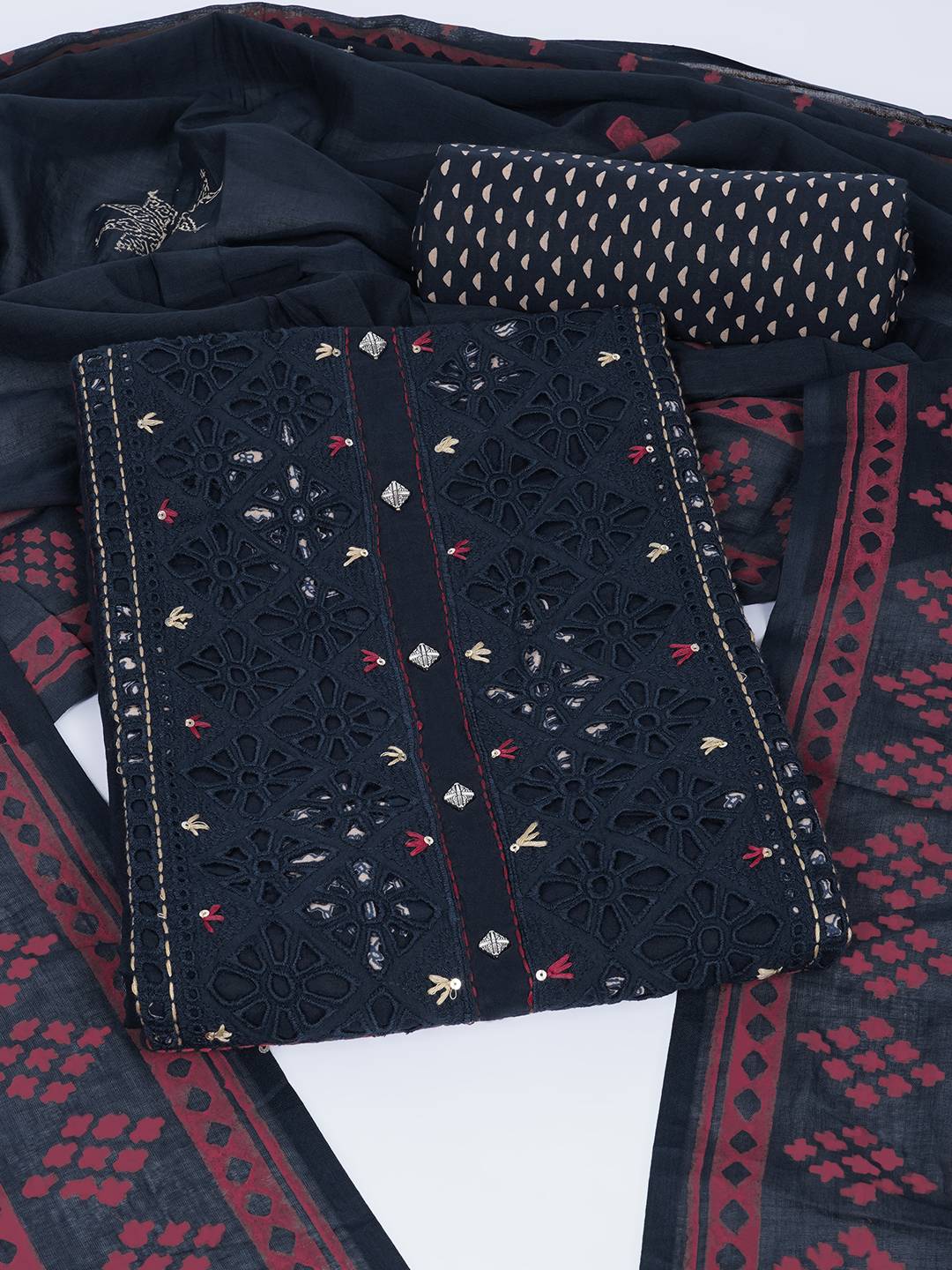 Unstitched Cotton Cutwork Embroidered 3-Piece Suit Set with Printed Bottom and Dupatta.(Navy)