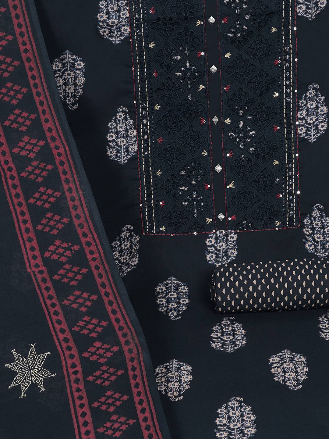 Unstitched Cotton Cutwork Embroidered 3-Piece Suit Set with Printed Bottom and Dupatta.(Navy)