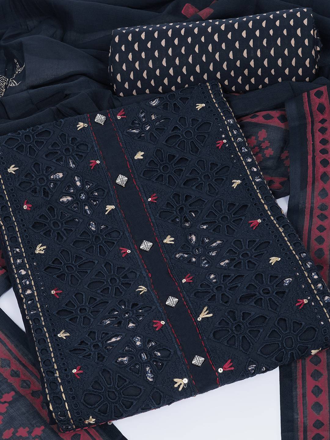 Unstitched Cotton Cutwork Embroidered 3-Piece Suit Set with Printed Bottom and Dupatta.(Navy)