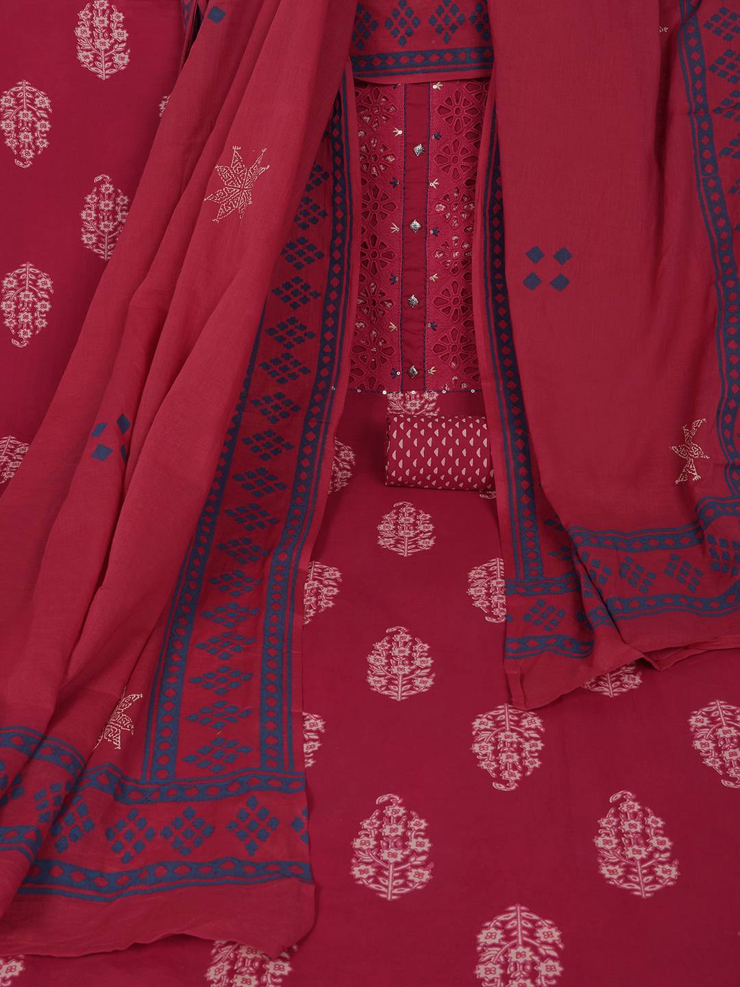 Unstitched Cotton Cutwork Embroidered 3-Piece Suit Set with Printed Bottom and Dupatta.(Pink)