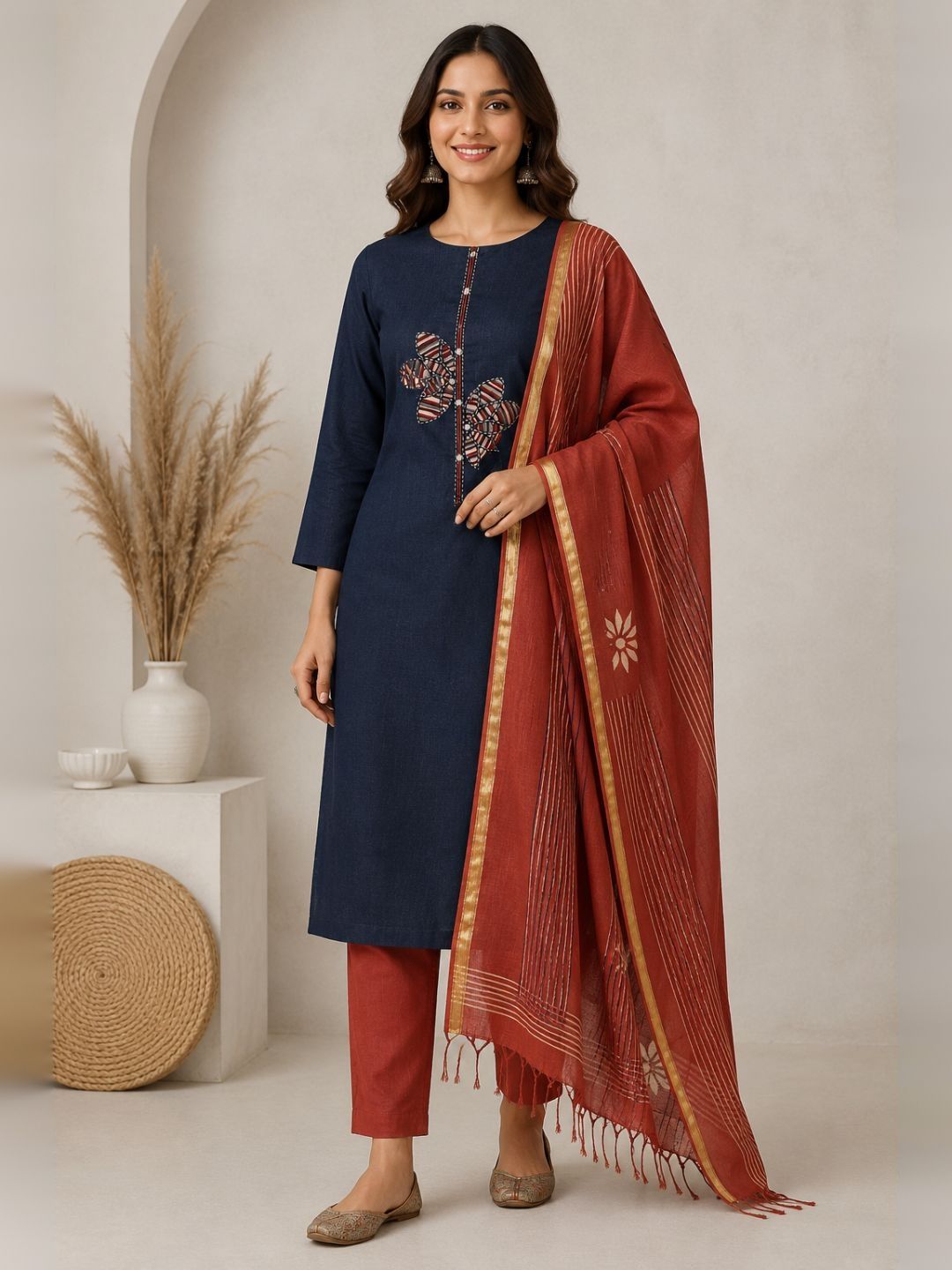 Cotton 3-Piece Unstitched Dress Material with Applique, Mirror Work, Plain Salwar & Printed Dupatta.(Blue)