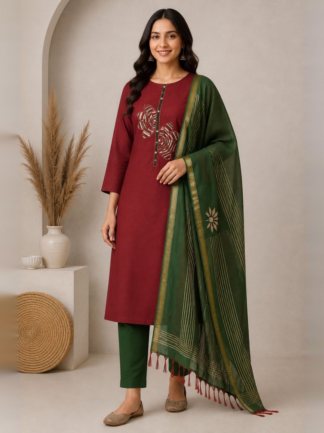 Cotton 3-Piece Unstitched Dress Material with Applique, Mirror Work, Plain Salwar & Printed Dupatta.(Maroon)