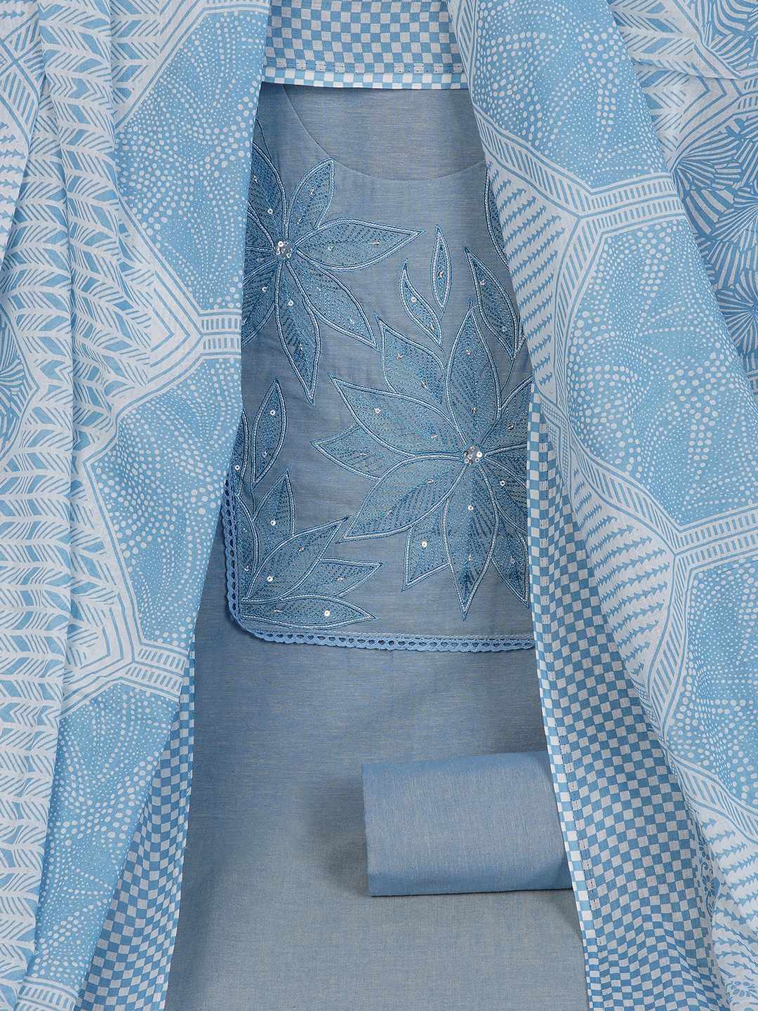 Unstitched Cotton Dress Material with Embroidery, Plain Bottom & Printed Dupatta(Blue)