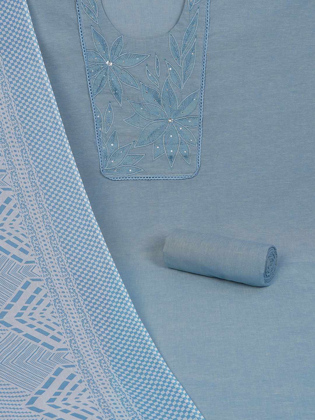 Unstitched Cotton Dress Material with Embroidery, Plain Bottom & Printed Dupatta(Blue)