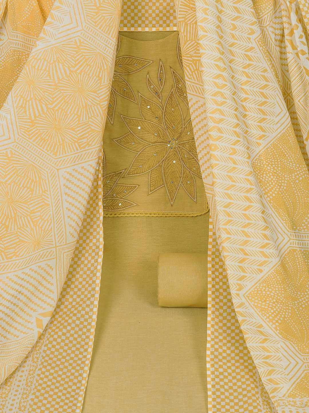 Unstitched Cotton Dress Material with Embroidery, Plain Bottom & Printed Dupatta(Yellow)