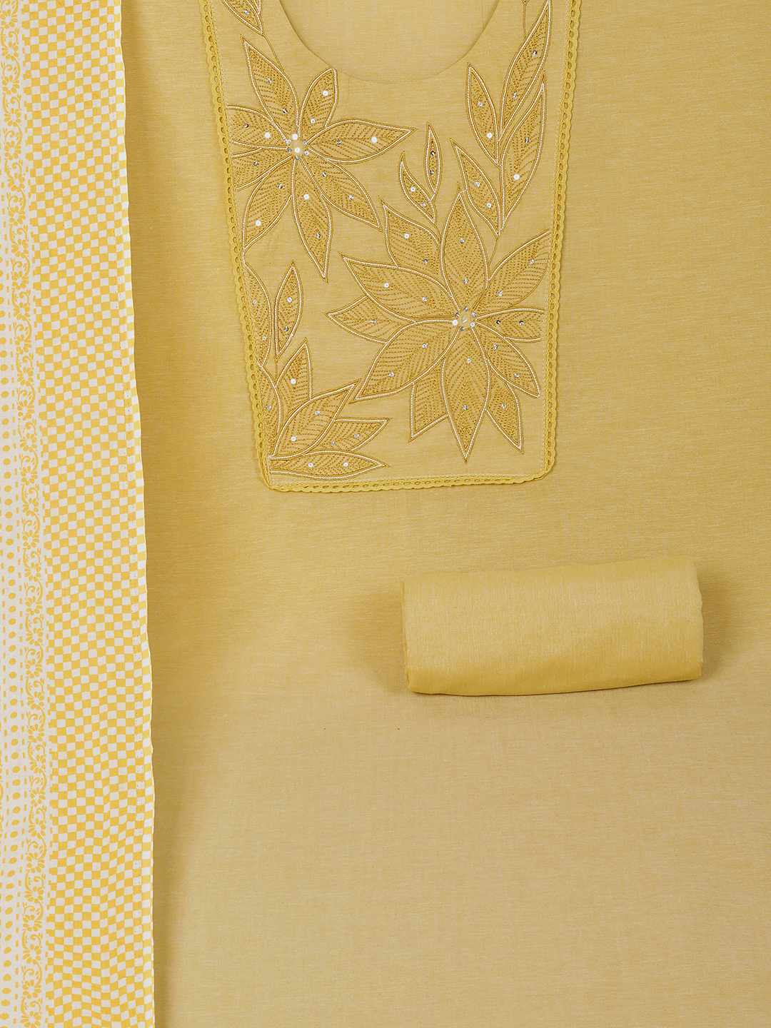 Unstitched Cotton Dress Material with Embroidery, Plain Bottom & Printed Dupatta(Yellow)
