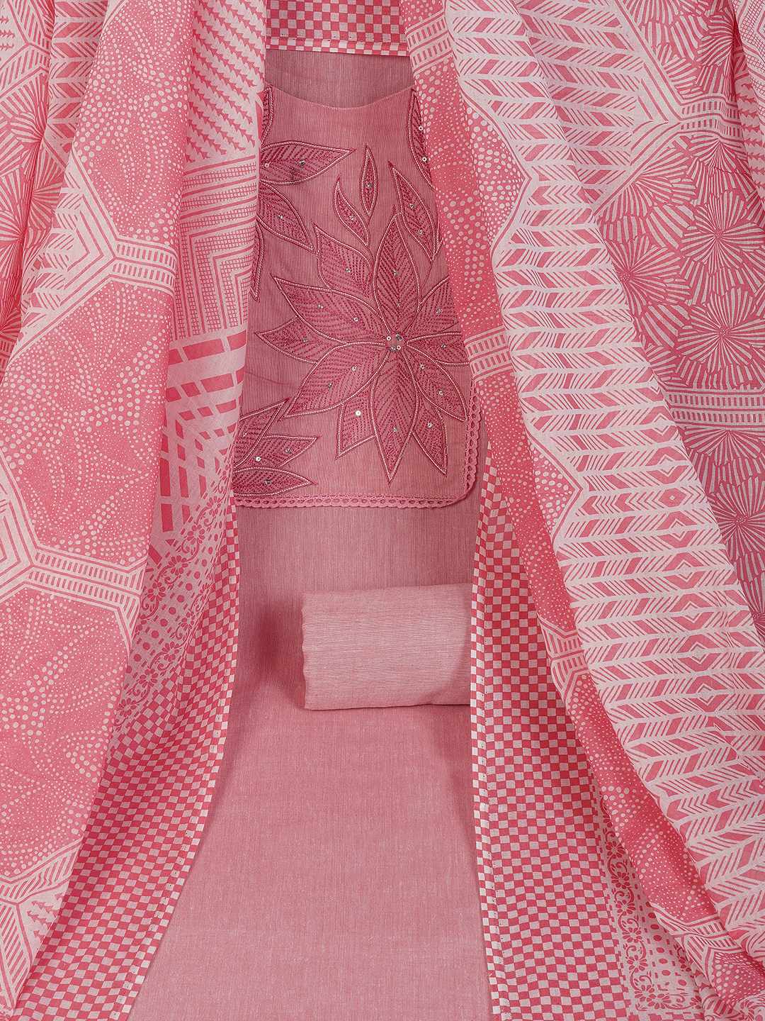 Unstitched Cotton Dress Material with Embroidery, Plain Bottom & Printed Dupatta(Pink)