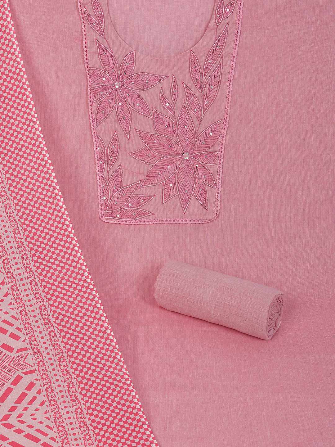 Unstitched Cotton Dress Material with Embroidery, Plain Bottom & Printed Dupatta(Pink)
