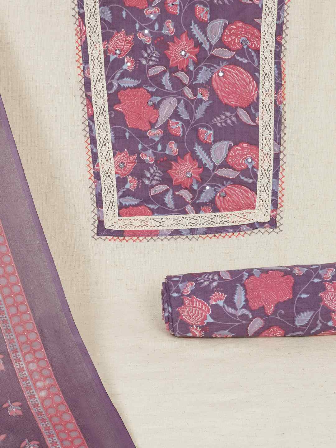 Floral Printed Dress Material enhanced with intricate handwork.(Magenta)