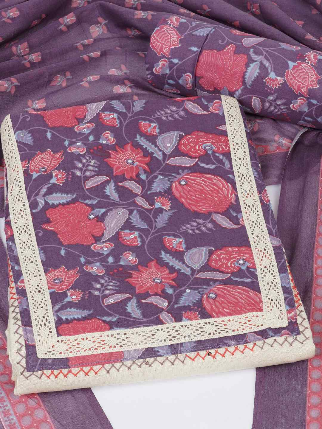 Floral Printed Dress Material enhanced with intricate handwork.(Magenta)