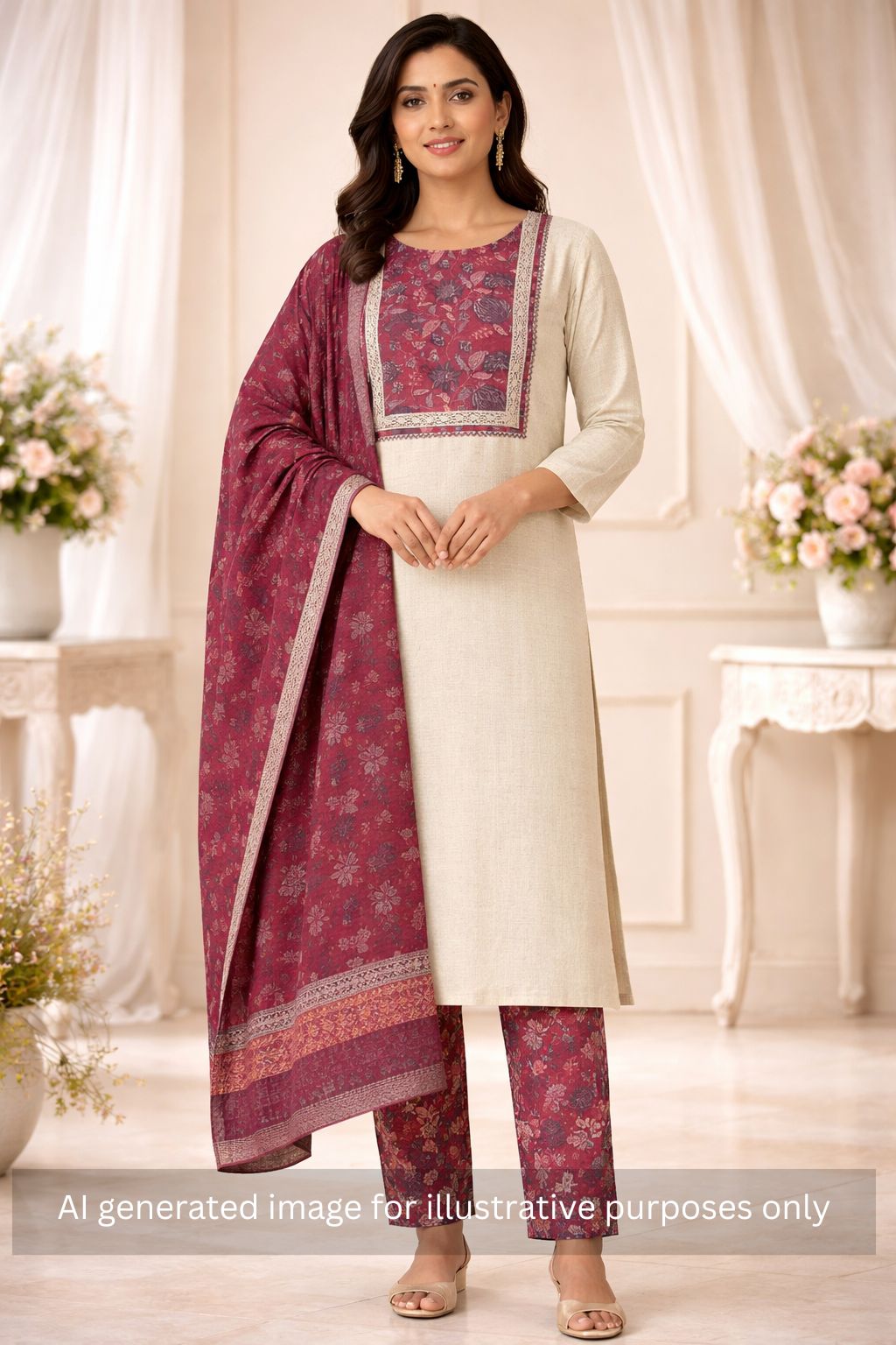 Floral Printed Dress Material enhanced with intricate handwork.(Pink)