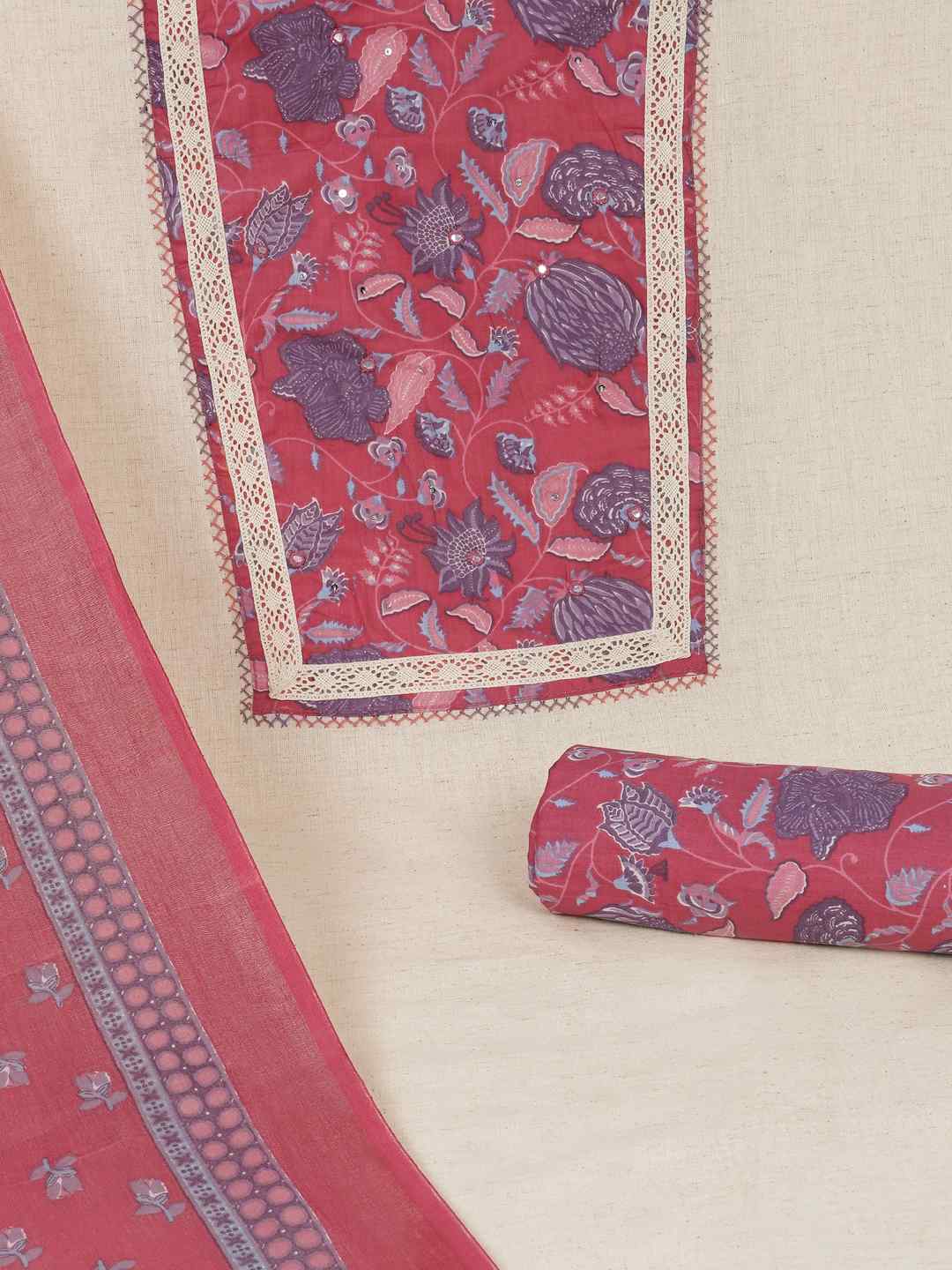 Floral Printed Dress Material enhanced with intricate handwork.(Pink)