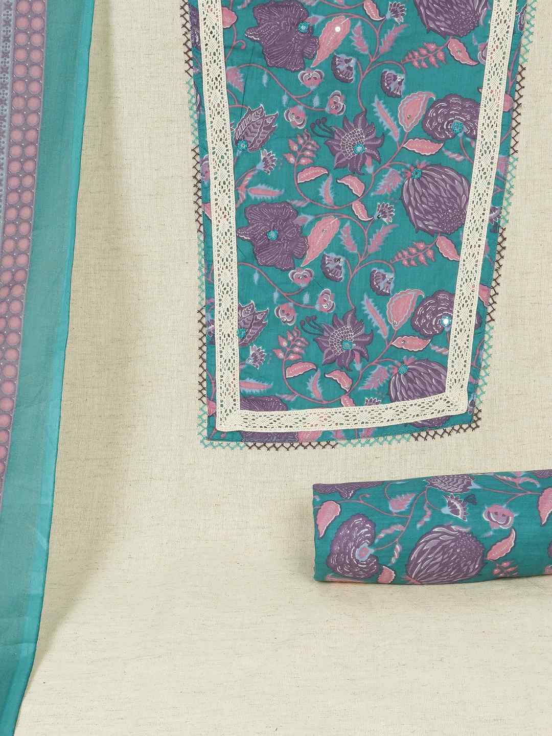 Floral Printed Dress Material enhanced with intricate handwork.(Green)