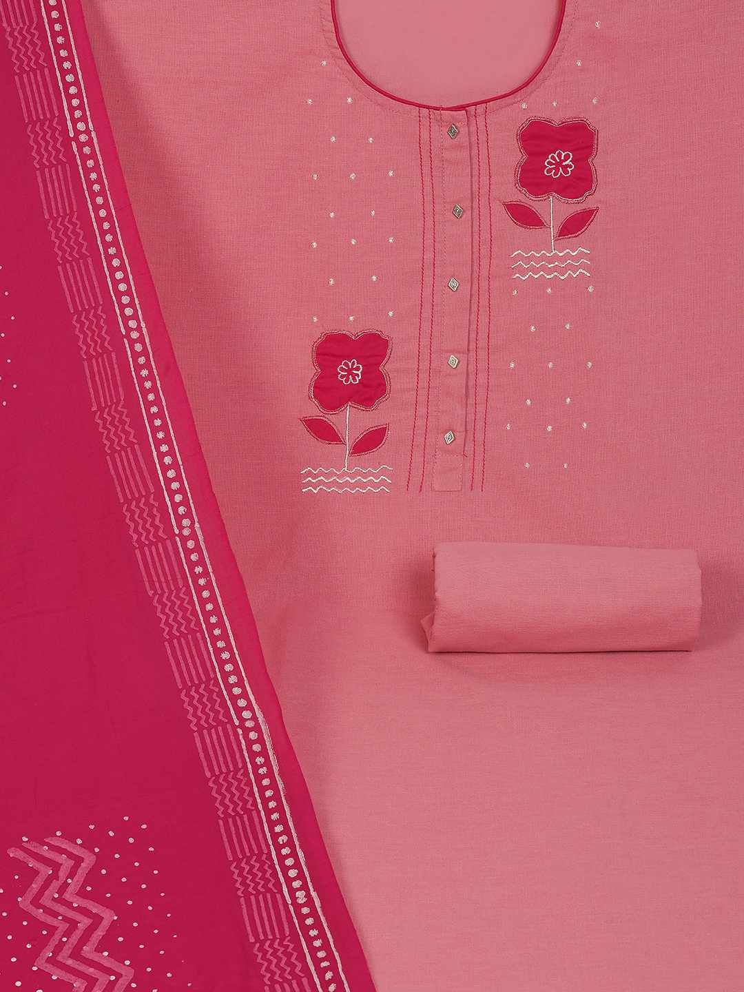 Unstitched Cotton Dress Material with Floral Embroidery, Printed Dupatta & Plain Bottom.(Pink)