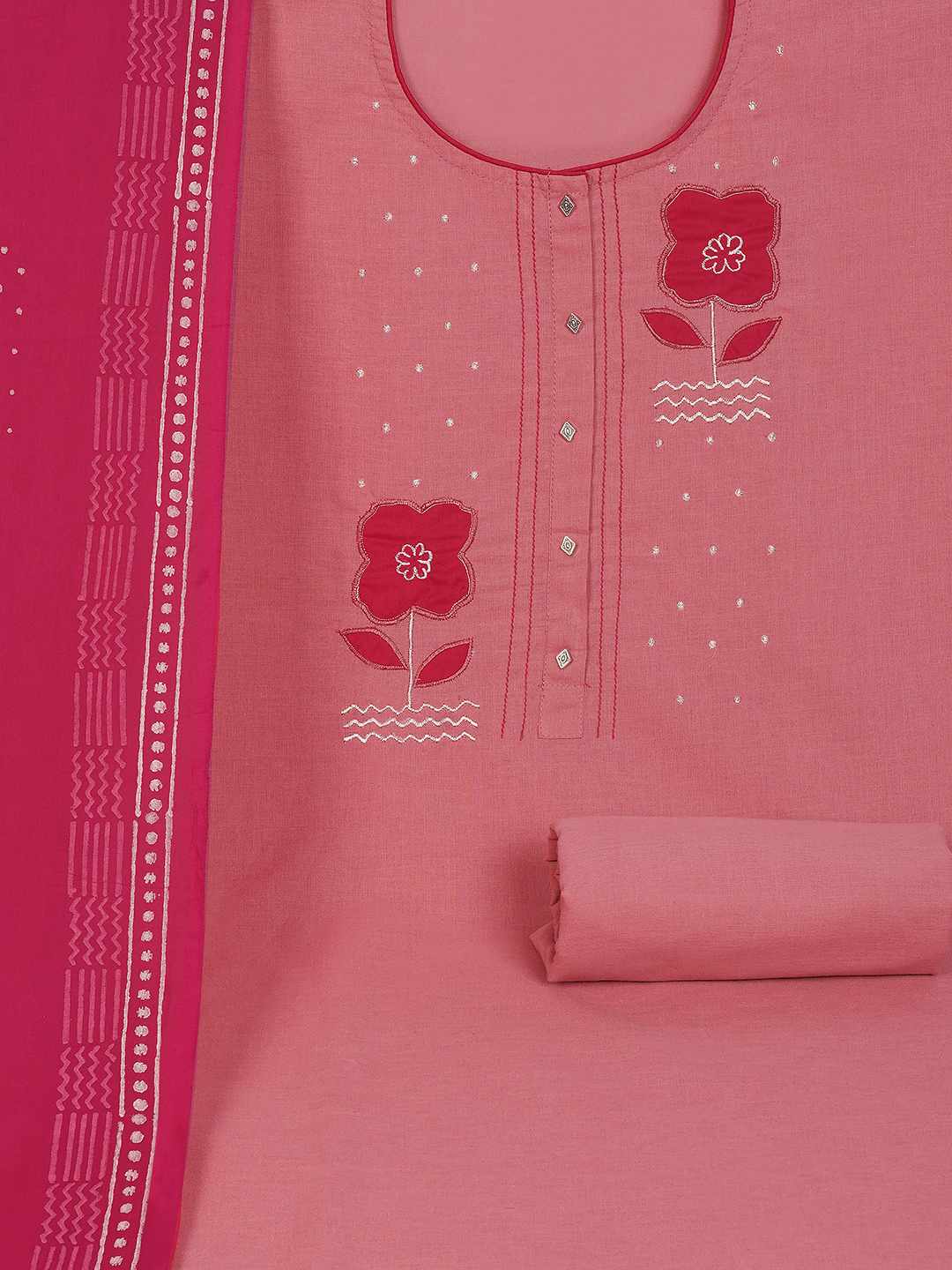 Unstitched Cotton Dress Material with Floral Embroidery, Printed Dupatta & Plain Bottom.(Pink)