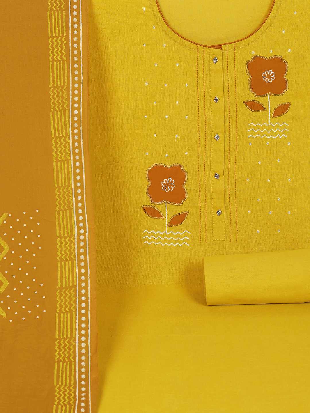 Unstitched Cotton Dress Material with Floral Embroidery, Printed Dupatta & Plain Bottom.(Yellow)