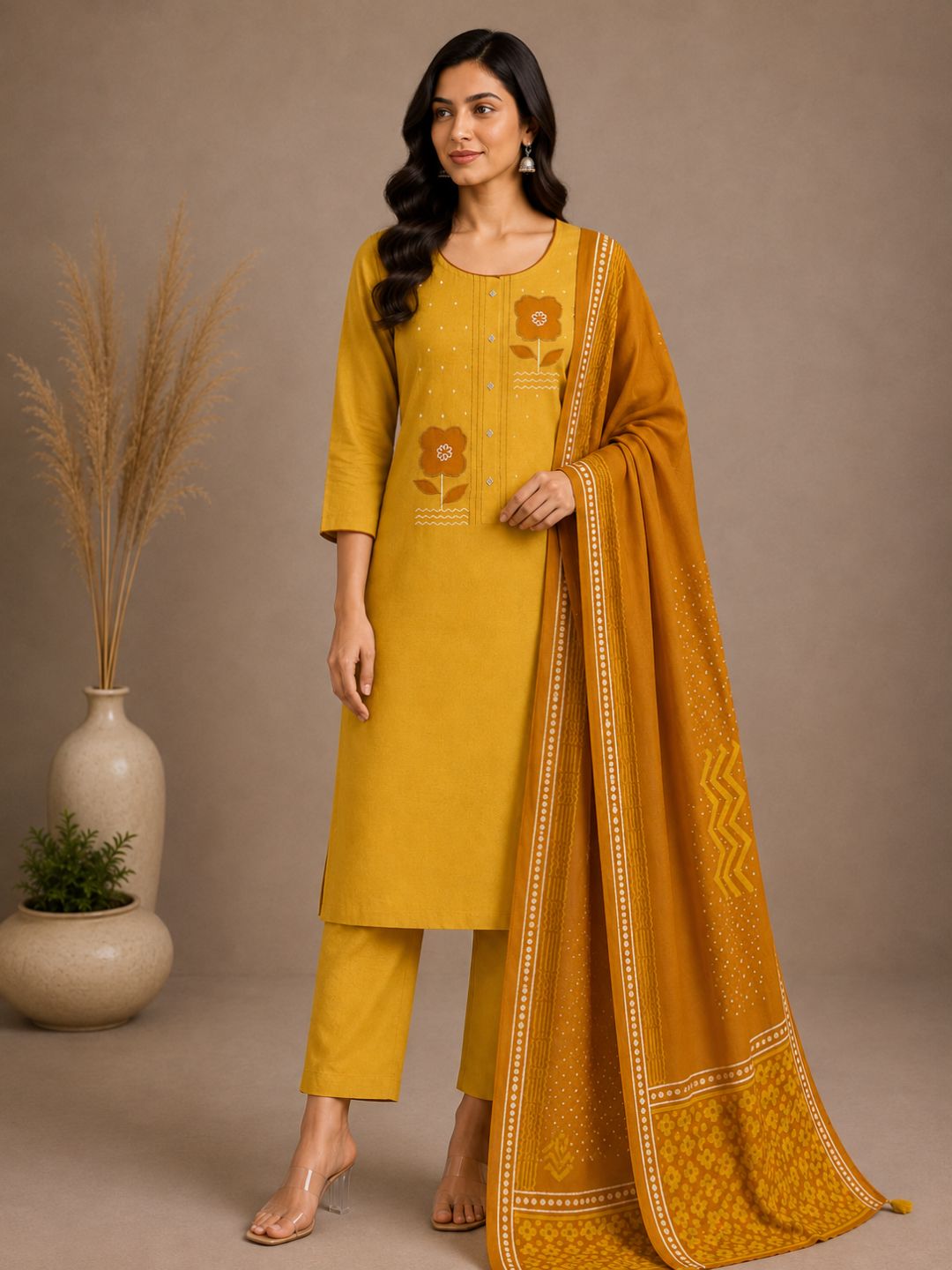 Unstitched Cotton Dress Material with Floral Embroidery, Printed Dupatta & Plain Bottom.(Yellow)