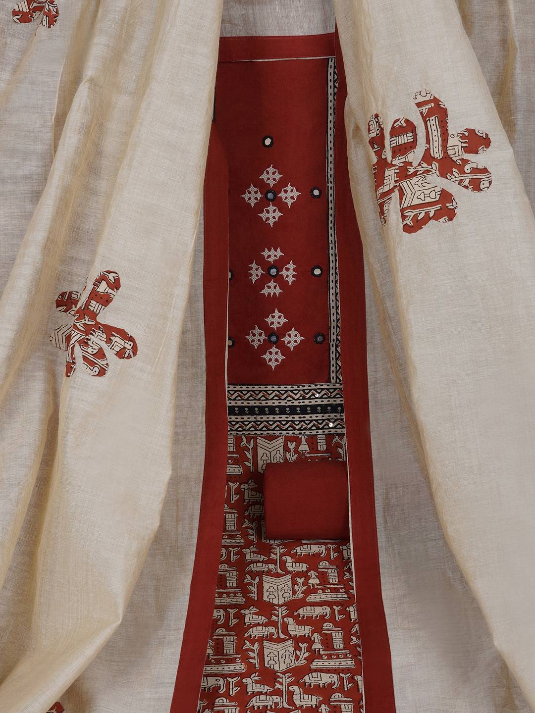 Printed Cotton Unstitched 3-Piece Suit Set with Mirror Work, Plain Bottom & Printed Dupatta.(Rust)