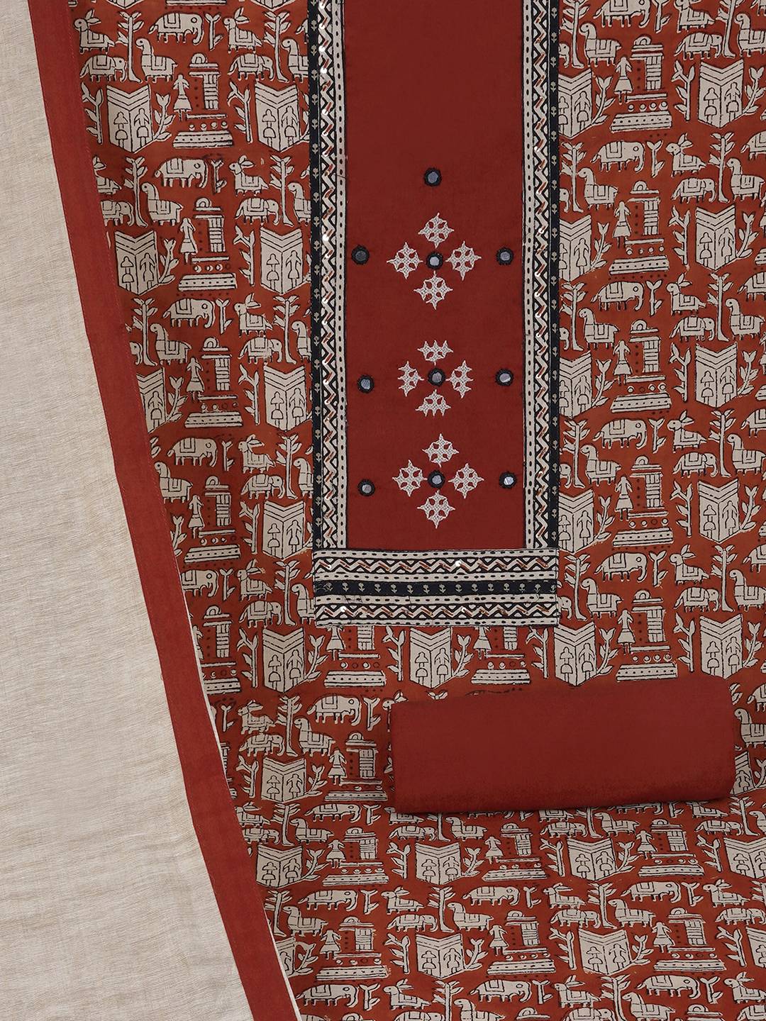Printed Cotton Unstitched 3-Piece Suit Set with Mirror Work, Plain Bottom & Printed Dupatta.(Rust)
