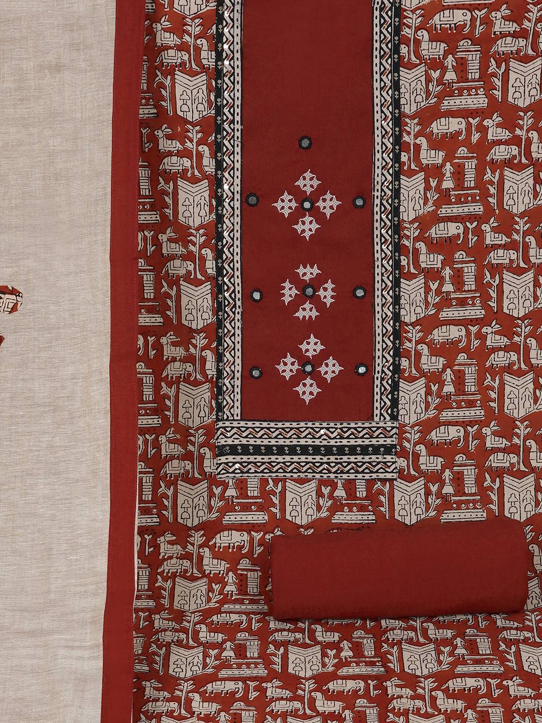 Printed Cotton Unstitched 3-Piece Suit Set with Mirror Work, Plain Bottom & Printed Dupatta.(Rust)