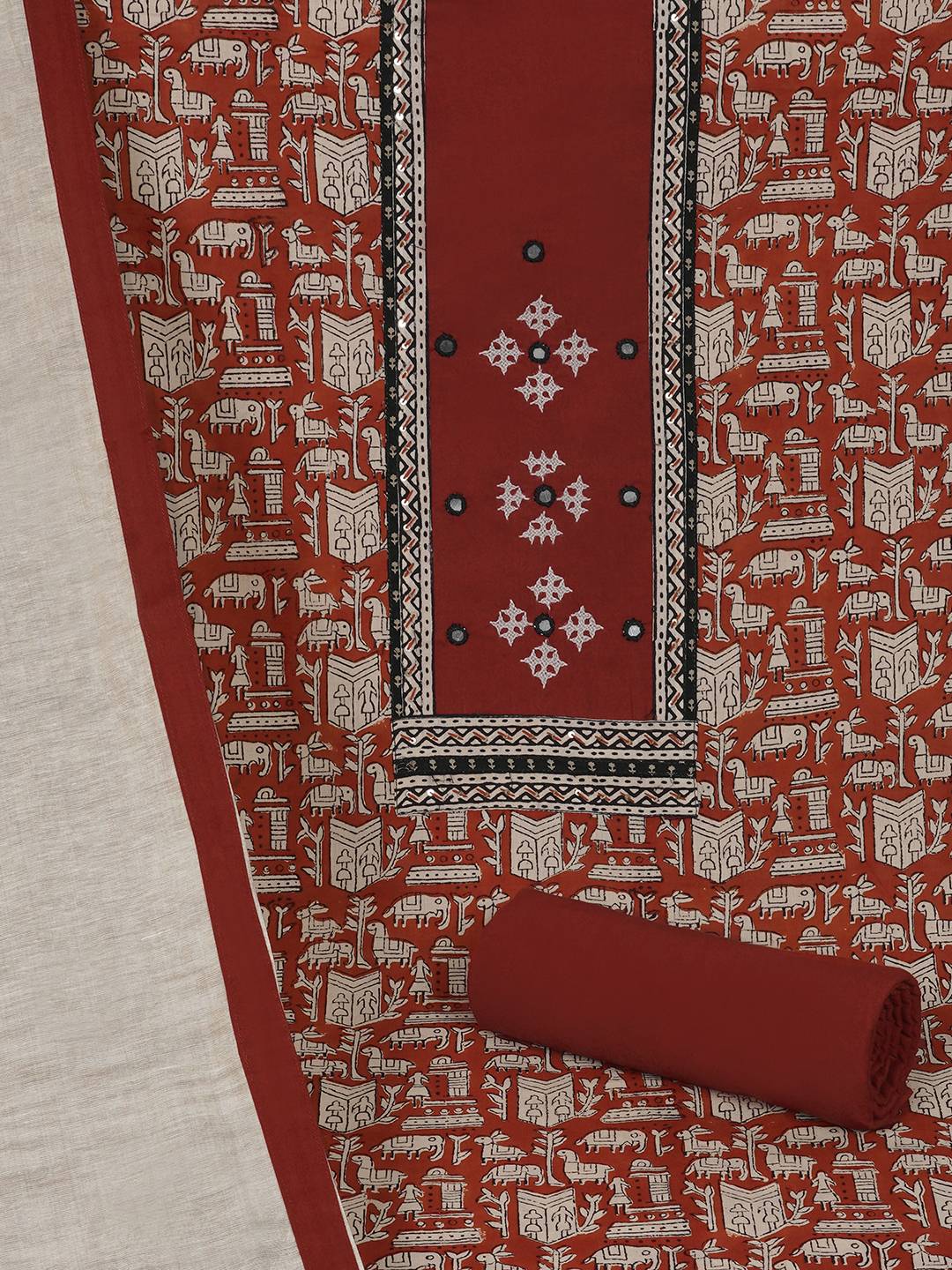 Printed Cotton Unstitched 3-Piece Suit Set with Mirror Work, Plain Bottom & Printed Dupatta.(Rust)
