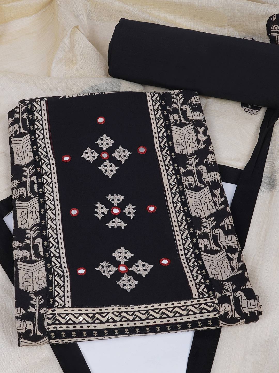 Printed Cotton Unstitched 3-Piece Suit Set with Mirror Work, Plain Bottom & Printed Dupatta.(Black)