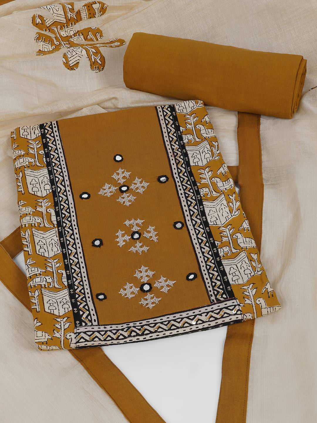 Printed Cotton Unstitched 3-Piece Suit Set with Mirror Work, Plain Bottom & Printed Dupatta.(Mustard)