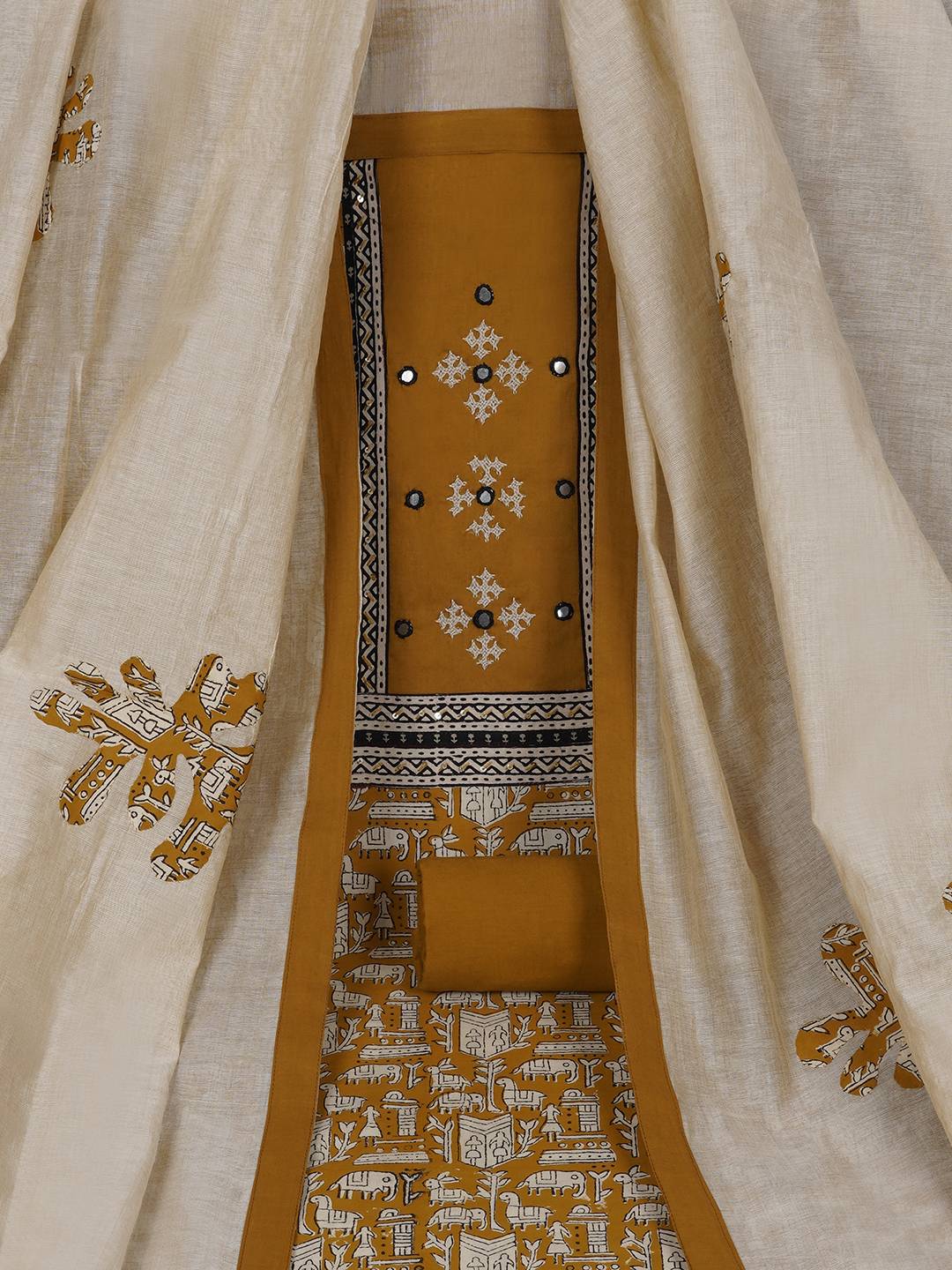 Printed Cotton Unstitched 3-Piece Suit Set with Mirror Work, Plain Bottom & Printed Dupatta.(Mustard)