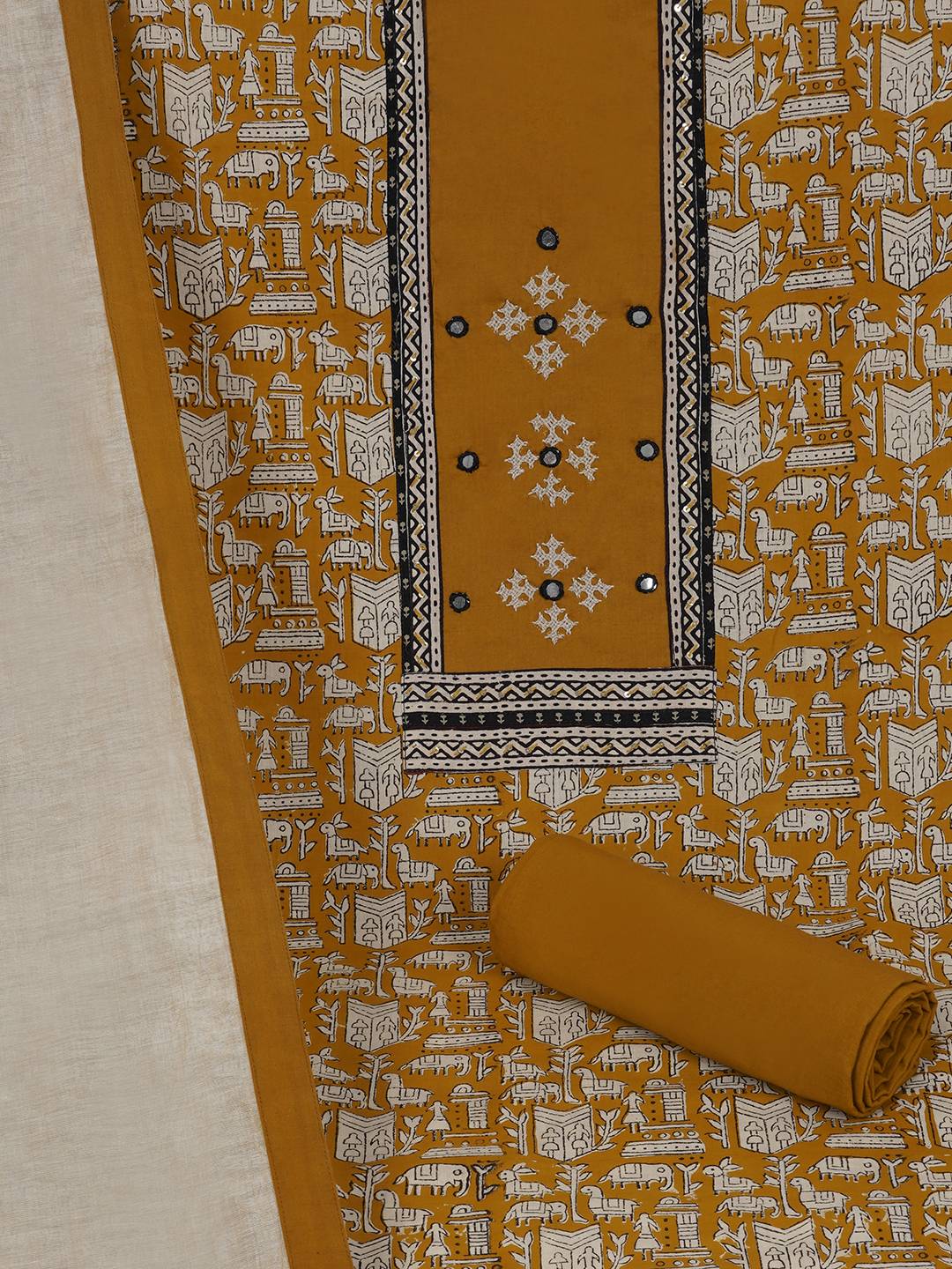 Printed Cotton Unstitched 3-Piece Suit Set with Mirror Work, Plain Bottom & Printed Dupatta.(Mustard)