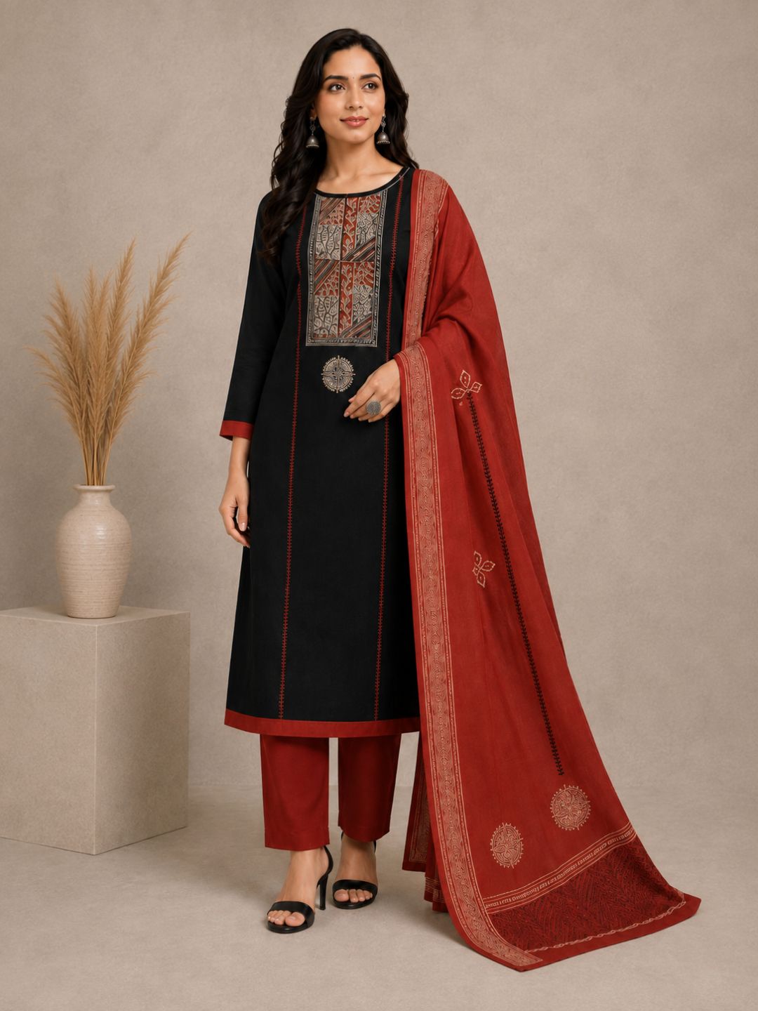 Unstitched Cotton Dress Material with Kalamkari Yoke, thread work & Printed Dupatta.(Black)
