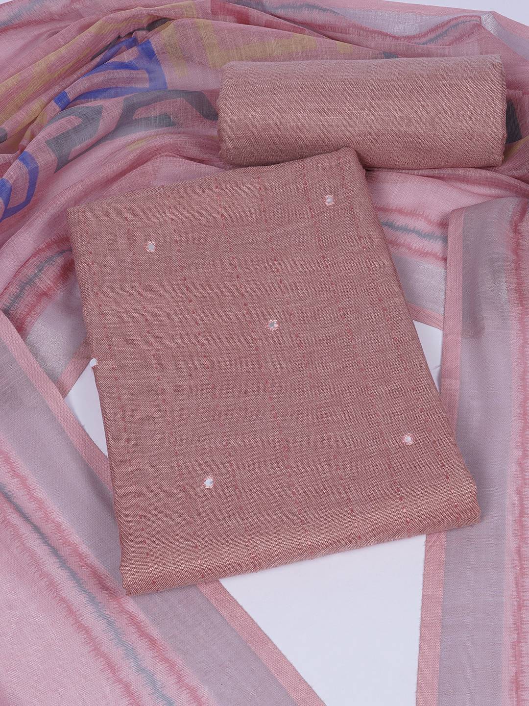 Cotton Dress Material with Mirror Work Yoke, Plain Bottom and Geometric Print Dupatta.(Pink)