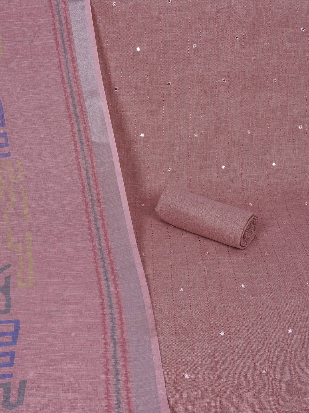 Cotton Dress Material with Mirror Work Yoke, Plain Bottom and Geometric Print Dupatta.(Pink)