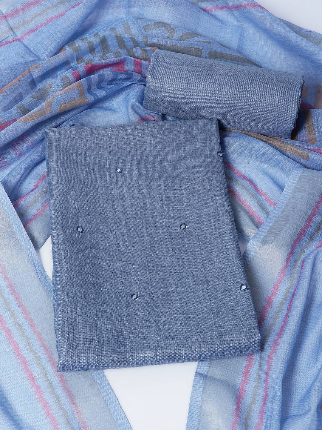Cotton Dress Material with Mirror Work Yoke, Plain Bottom and Geometric Print Dupatta.(Blue)