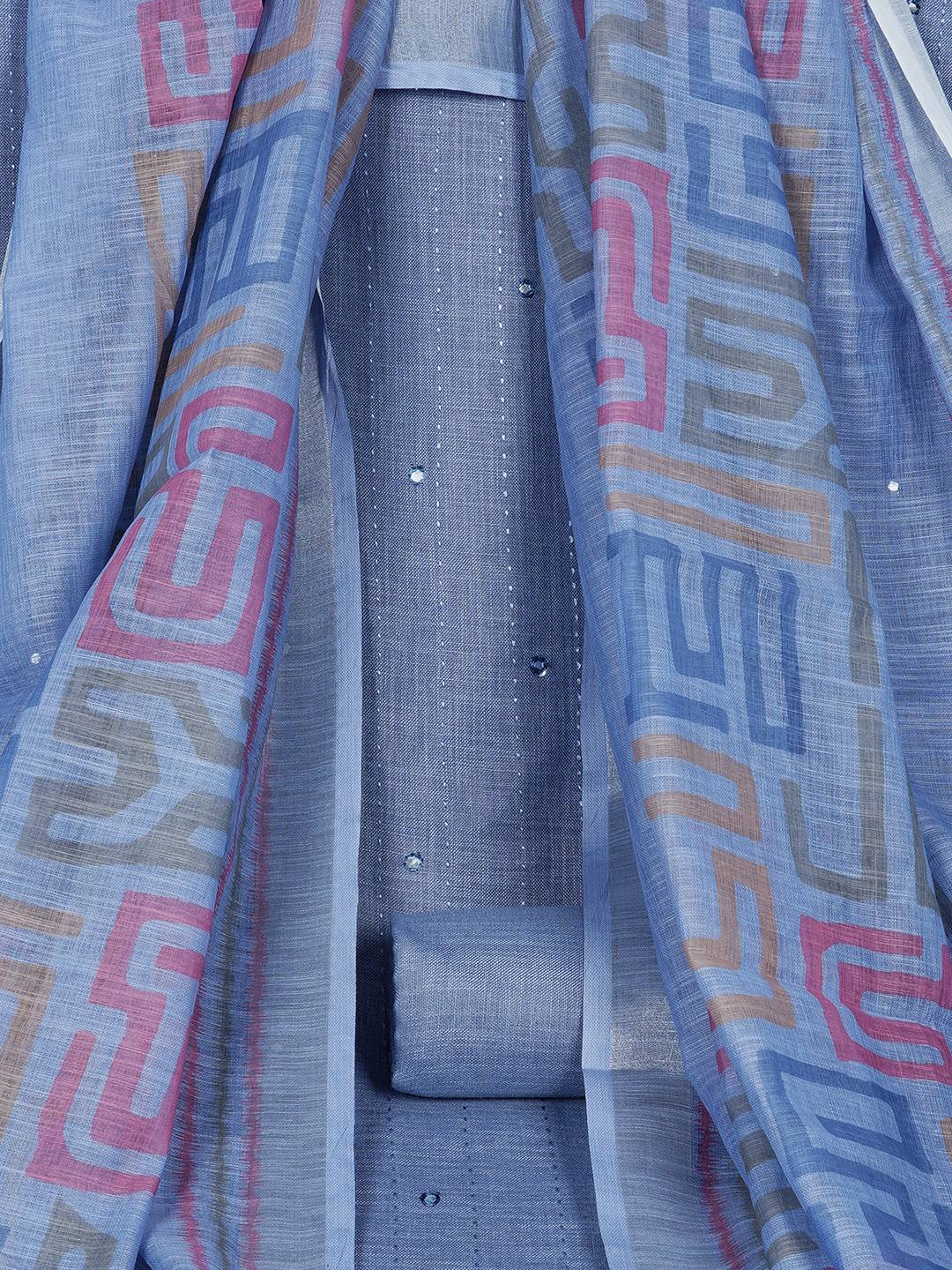 Cotton Dress Material with Mirror Work Yoke, Plain Bottom and Geometric Print Dupatta.(Blue)