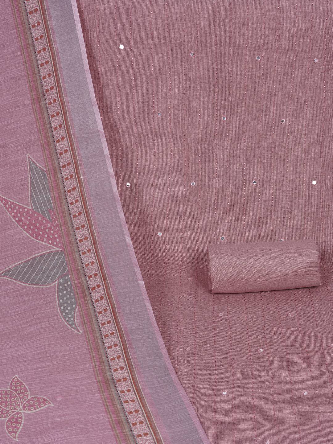 Cotton Dress Material with Mirror Work Yoke, Plain Bottom and Floral Print Dupatta.(Pink)