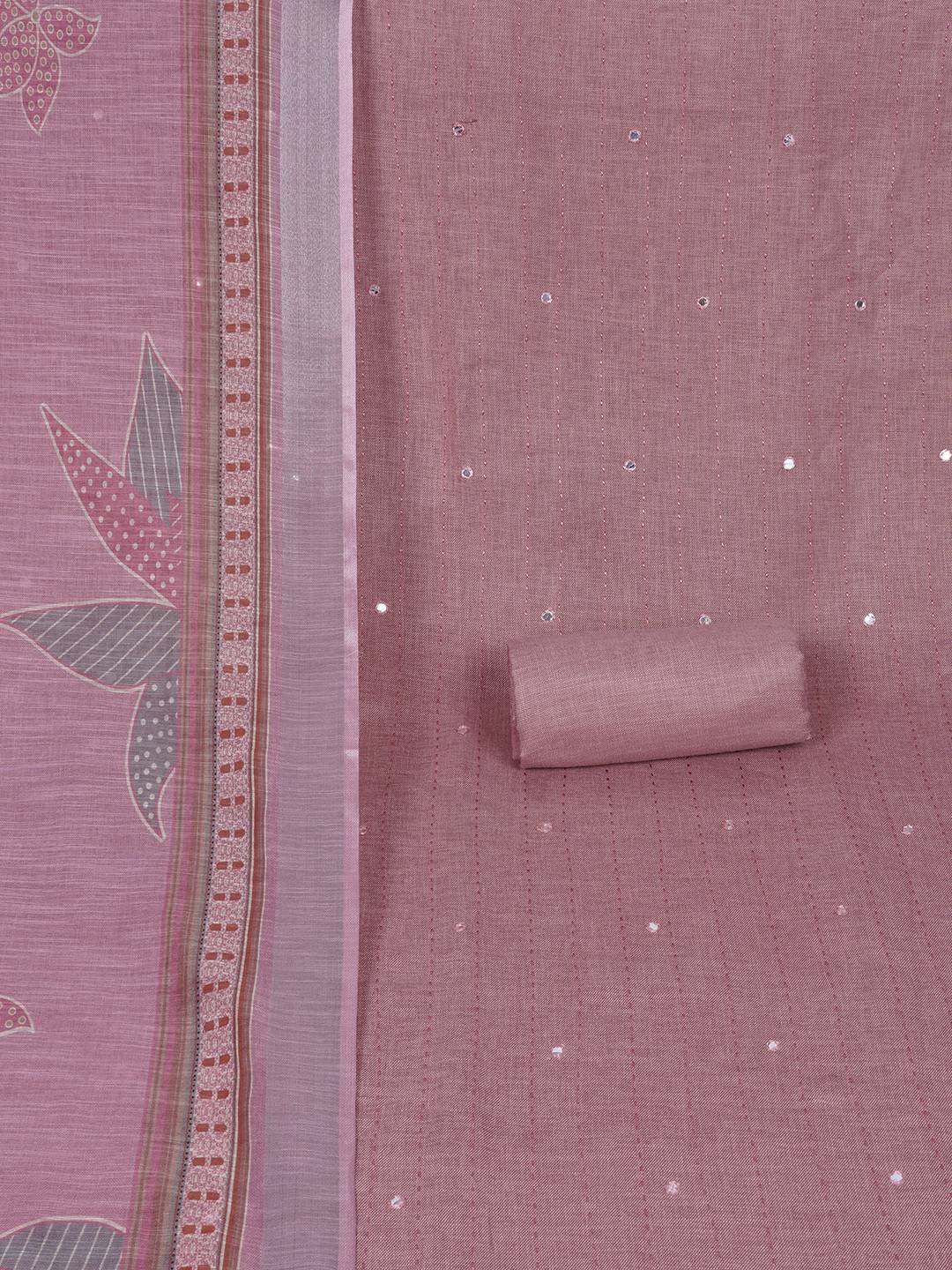 Cotton Dress Material with Mirror Work Yoke, Plain Bottom and Floral Print Dupatta.(Pink)