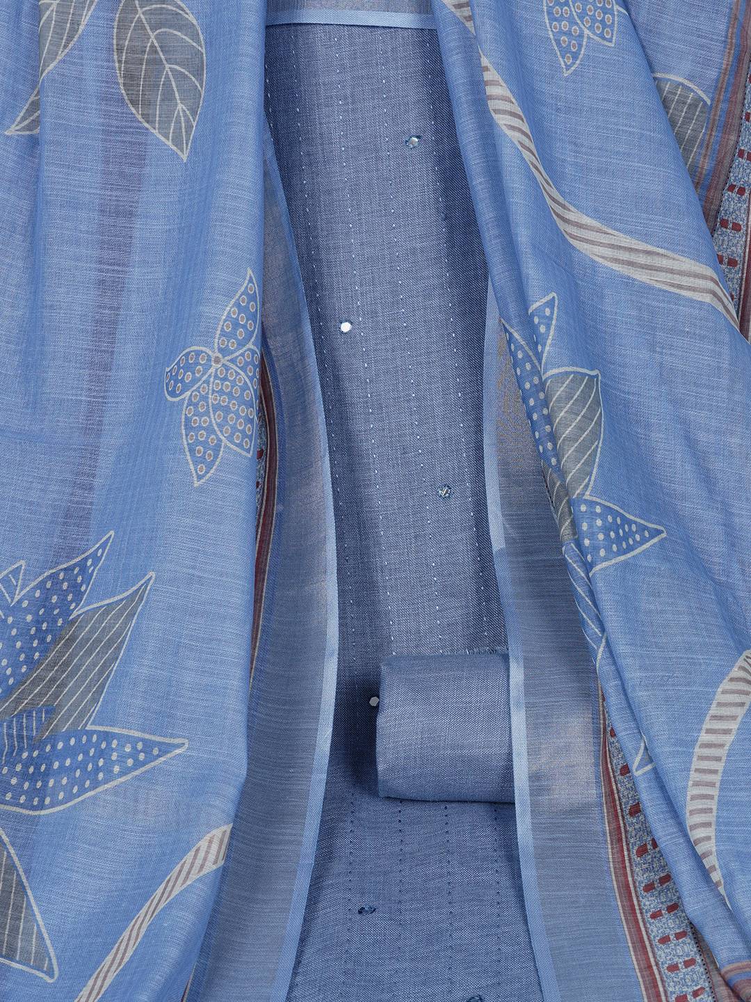 Cotton Dress Material with Mirror Work Yoke, Plain Bottom and Floral Print Dupatta.(Blue)