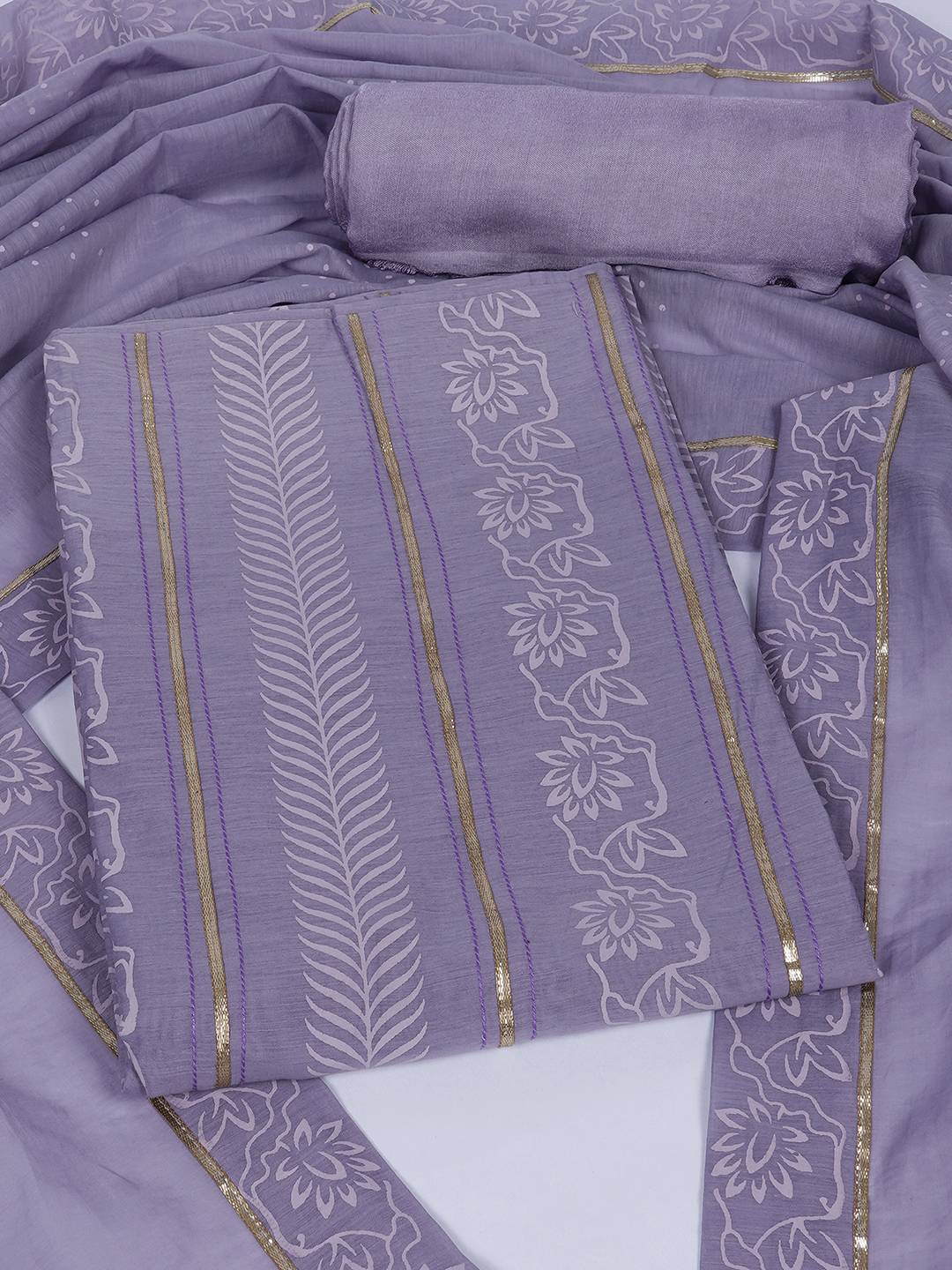 Chanderi Unstitched 3-Piece Suit Set with Lace Work, Printed Palazzo and Dupatta.(Purple)