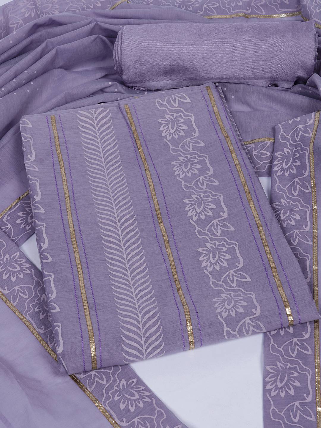 Chanderi Unstitched 3-Piece Suit Set with Lace Work, Printed Palazzo and Dupatta.(Purple)