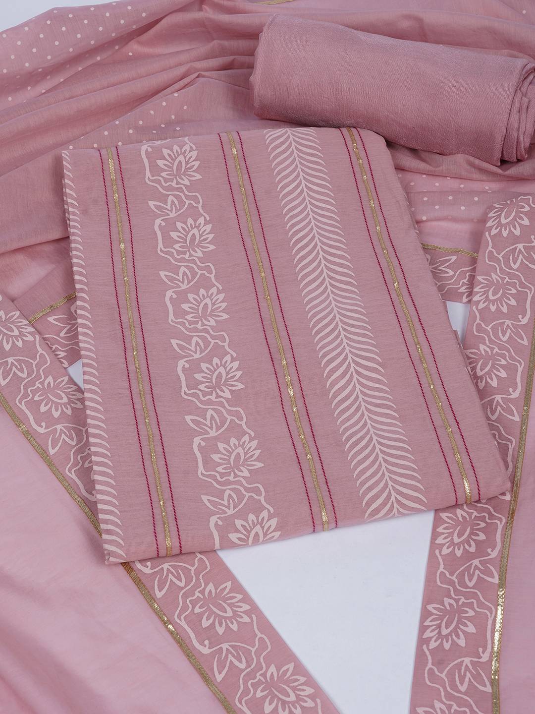 Chanderi Unstitched 3-Piece Suit Set with Lace Work, Printed Palazzo and Dupatta.(Pink)